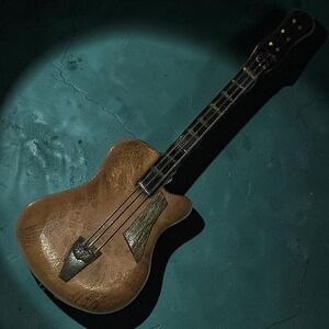 Handcrafted Vintage Wooden Bass Guitar Brooch Pin Musician Folk Art Real Strings